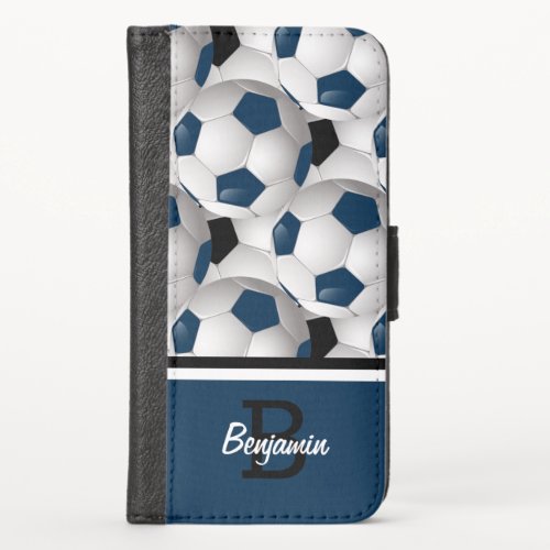 Monogram Dark Blue Black Soccer Ball Pattern iPhone X Wallet Case