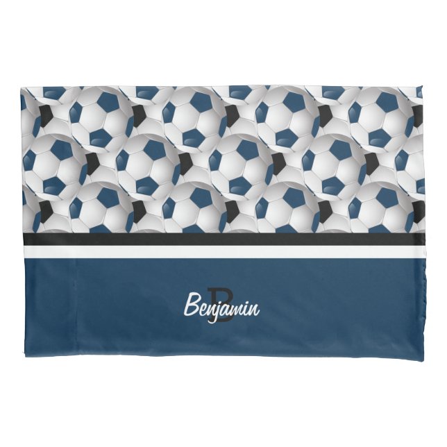 Monogram Dark Blue Black Soccer Ball Pattern Pillow Case (Front)