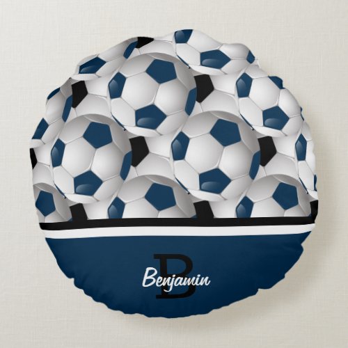 Monogram Dark Blue Black Soccer Ball Pattern Round Pillow