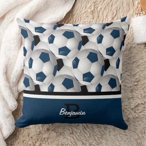 Monogram Dark Blue Black Soccer Ball Pattern Throw Pillow