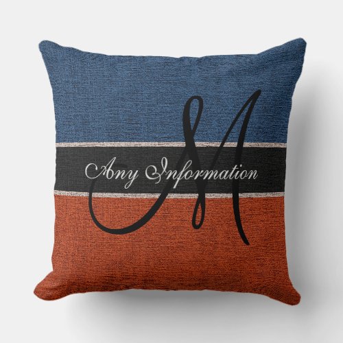 Monogram Dark Blue  Brown Burlap Rustic Jute Throw Pillow