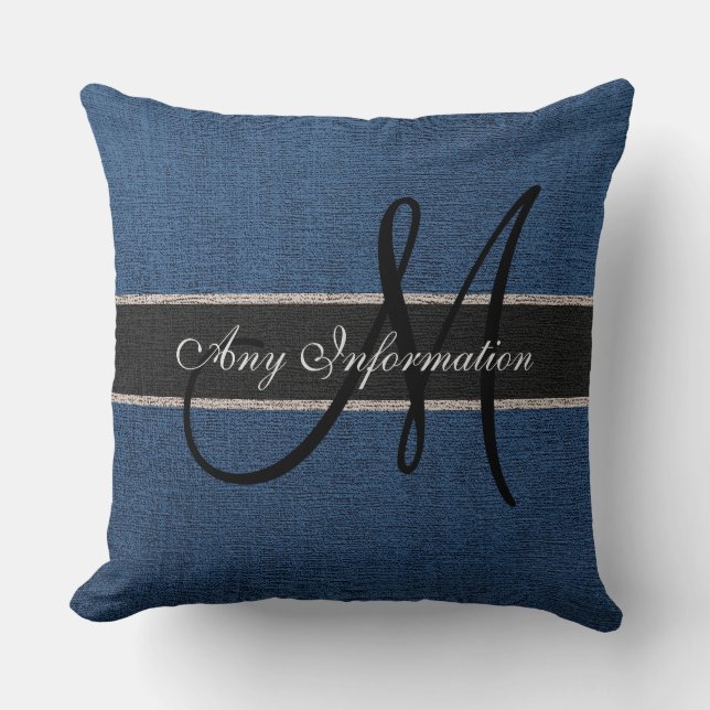 Monogram Dark Blue Burlap Rustic Jute Throw Pillow (Front)