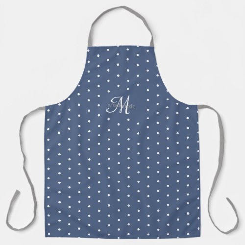 Monogram Dark Blue Gray White Polka Dots Chic Apron