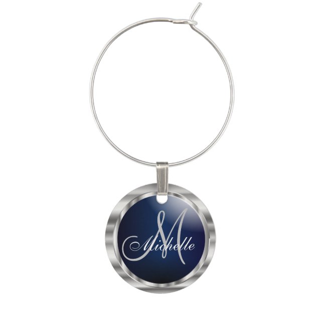 Monogram Dark Blue & Metallic Silver Wine Charm (Front)