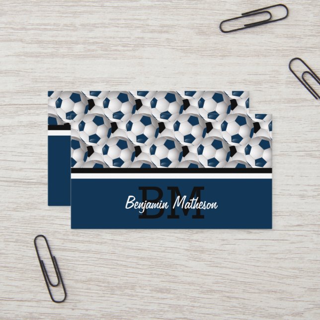 Monogram Dark Blue Soccer Ball Pattern Business Card (Front/Back In Situ)