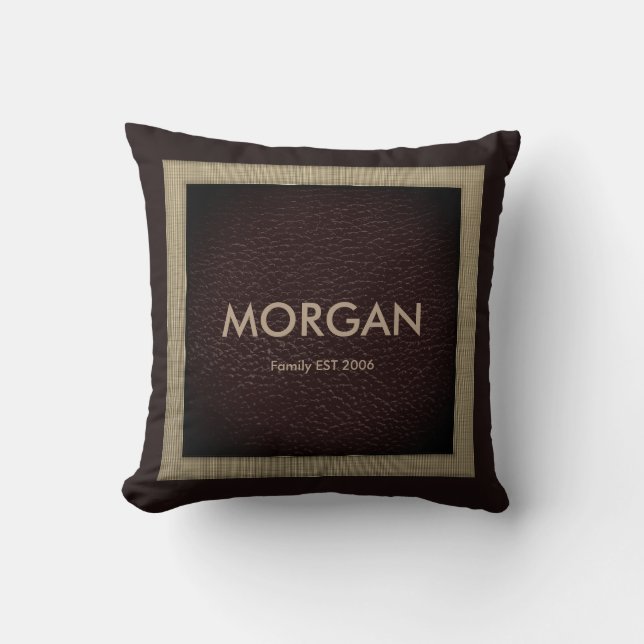 Monogram Dark Brown Faux Leather Throw Pillow (Front)