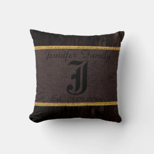 Monogram Dark Brown Rustic Burlap Linen Wood Look Throw Pillow