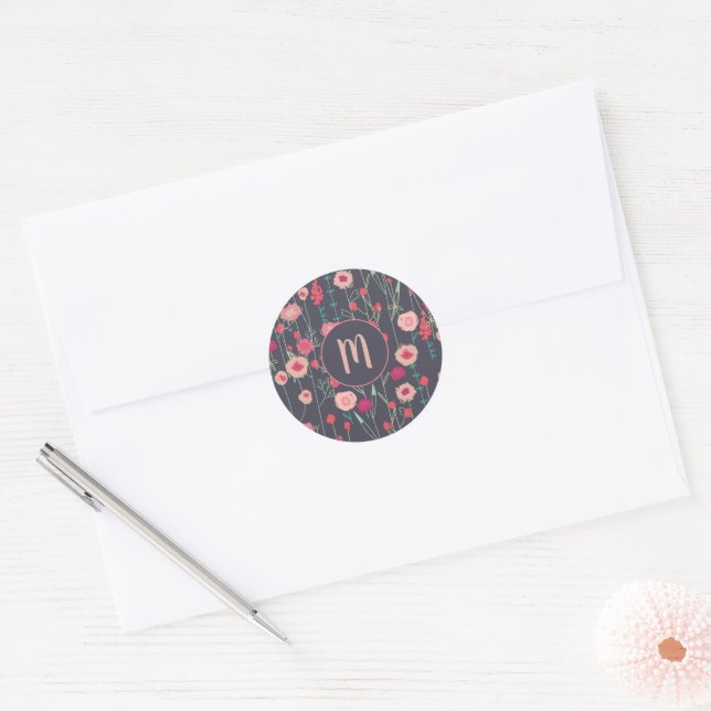 Monogram Dark Floral Classic Round Sticker (Envelope)