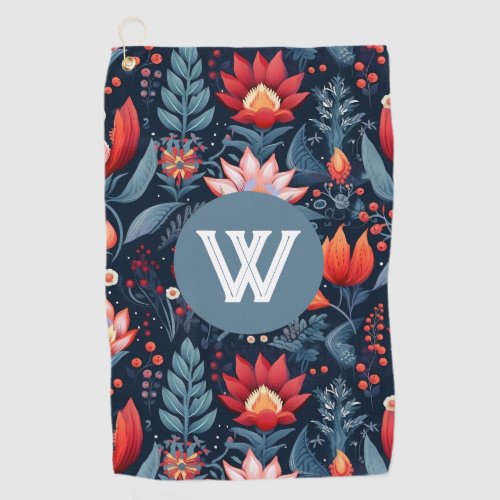 Monogram Dark Floral Pattern Moody Feminine Golf Towel