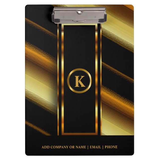 Monogram Dark Gold & Black Diagonal Stripes Clipboard (Front)