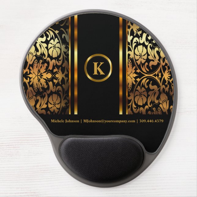 Monogram Dark Gold & Black Floral Damask Gel Mouse Pad (Front)