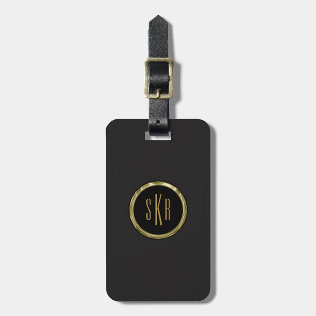 Monogram Dark Gray Leather & Gold Luggage Tag (Front Vertical)