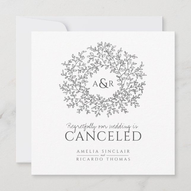Monogram dark gray mono leaves wedding canceled announcement (Front)