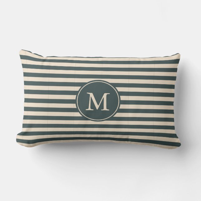 Monogram Dark Green Off-White Striped Pattern Lumbar Pillow (Front)