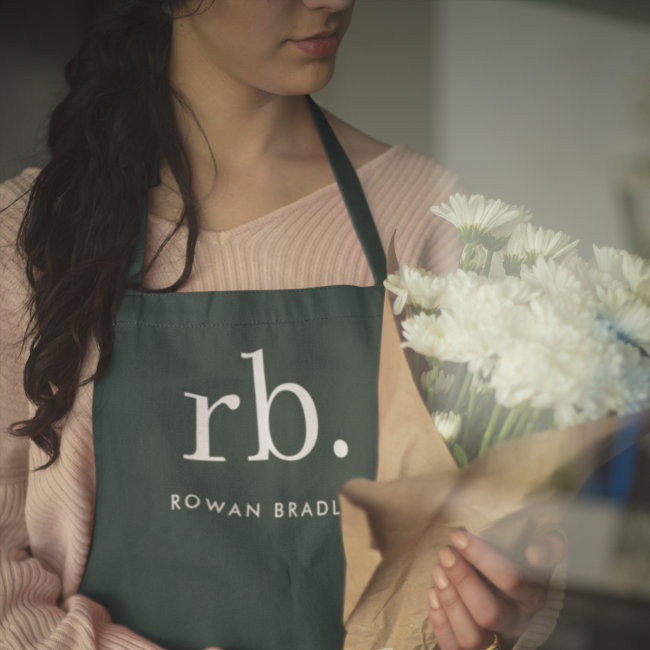 Monogram Dark Green Stylish Modern Minimalist Apron