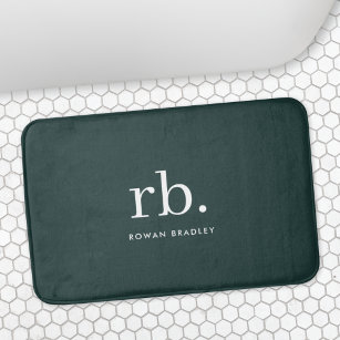 Monogram Dark Green Stylish Modern Minimalist Bath Mat