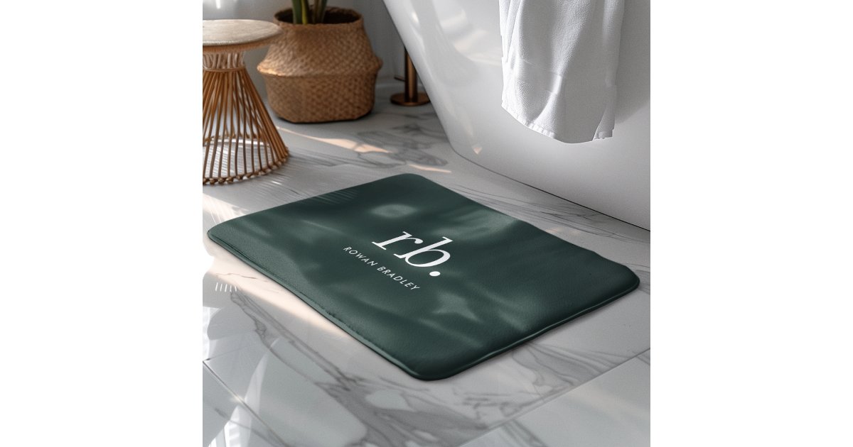 Monogram Dark Green Stylish Modern Minimalist Bath Mat | Zazzle