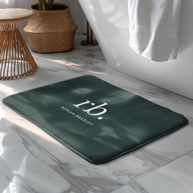 Monogram Dark Green Stylish Modern Minimalist Bath Mat (Stylish dark green custom monogram bath mat.)