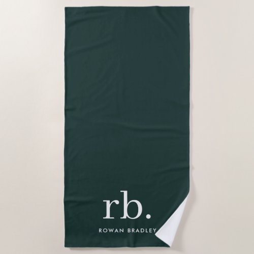 Monogram Dark Green Stylish Modern Minimalist Beach Towel