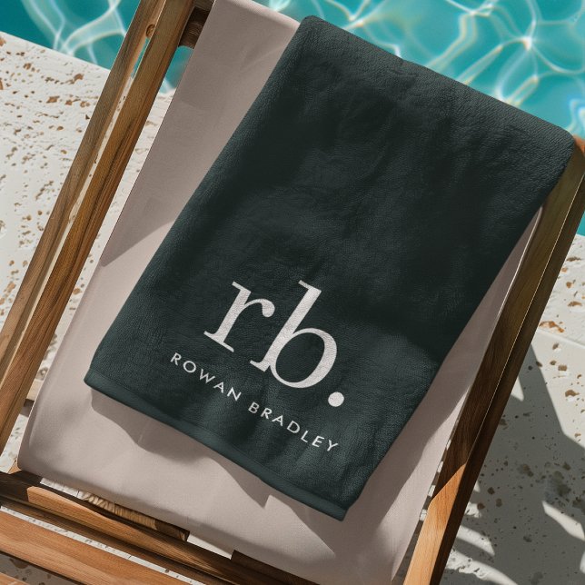 Monogram Dark Green Stylish Modern Minimalist Beach Towel (Stylish dark green custom monogram beach towels, for business or personal use.)