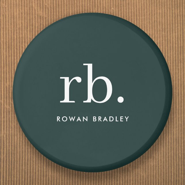 Monogram Dark Green Stylish Modern Minimalist Button (Stylish dark green custom monogram name tag button pins, for business or personal use.)