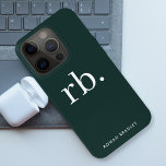 Monogram Dark Green Stylish Modern Minimalist iPhone 15 Pro Case<br><div class="desc">A minimalist monogram design with large typography initials in a classic font with your name below on a  dark green background. The perfectly custom gift or accessory!</div>