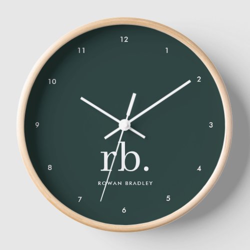 Monogram Dark Green Stylish Modern Minimalist Clock