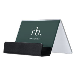 Monogram Dark Green Stylish Modern Minimalist Desk Business Card Holder