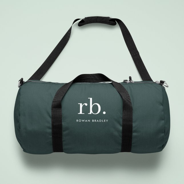 Monogram Dark Green Stylish Modern Minimalist Duffle Bag (Stylish dark green custom monogram duffle bag, for business or personal use.)