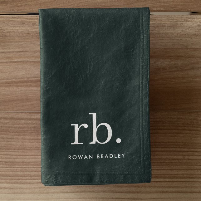 Monogram Dark Green Stylish Modern Minimalist Hand Towel (Stylish dark green custom monogram towels, for business or personal use.)