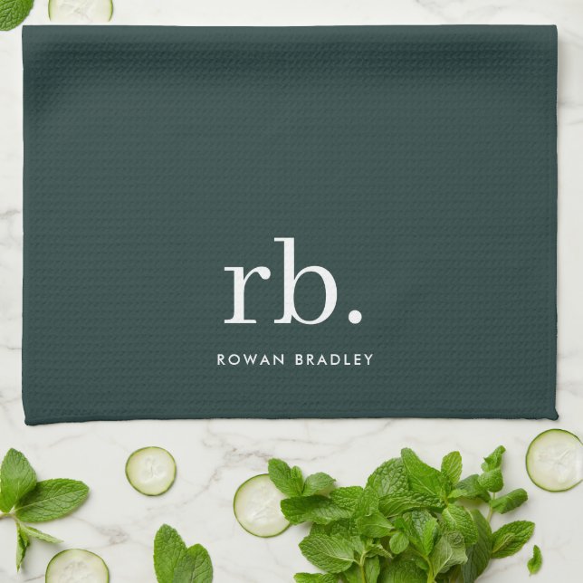 Monogram Dark Green Stylish Modern Minimalist Kitchen Towel (Folded)