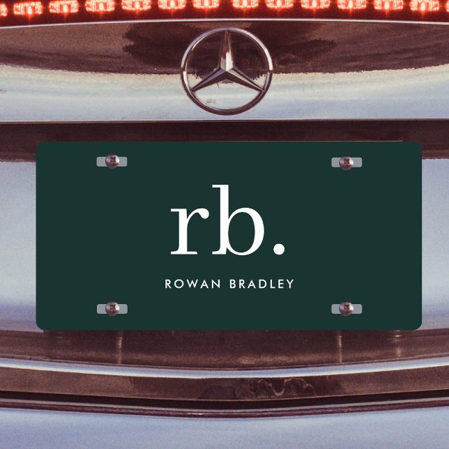 Monogram Dark Green Stylish Modern Minimalist License Plate (Stylish dark green custom monogram license plates, for business or personal use.)