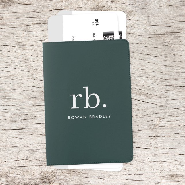 Monogram Dark Green Stylish Modern Minimalist Passport Holder (Stylish dark green custom monogram passport holder, for business or personal use.)