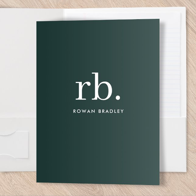 Monogram Dark Green Stylish Modern Minimalist Pocket Folder (Stylish dark green custom monogram pocket folders, for business or personal use.)