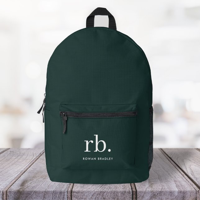 Monogram Dark Green Stylish Modern Minimalist Printed Backpack (Stylish dark green custom monogram backpack, for business or personal use.)