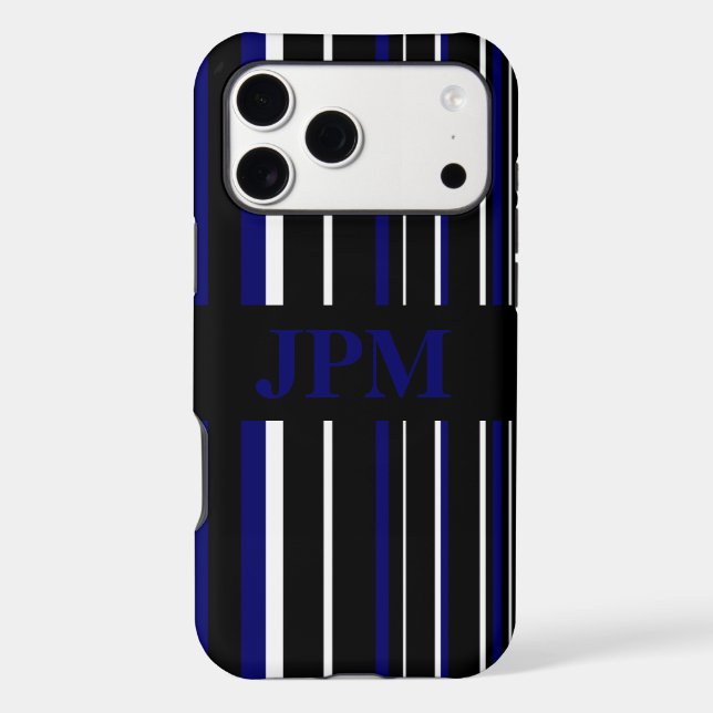 Monogram Dark Navy Blue, Black, Barcode Stripe Case-Mate iPhone Case (Back)