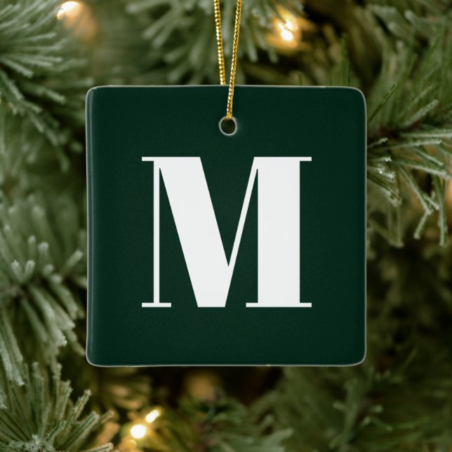 Monogram dark pine green custom initial Christmas Ceramic Ornament (Tree)