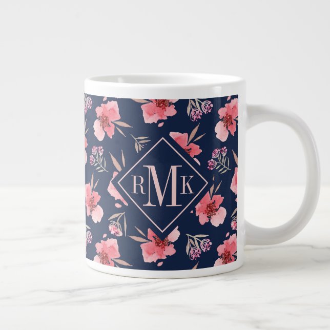 Monogram | Dark Pink Watercolor Pattern Giant Coffee Mug (Right)