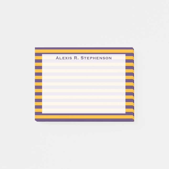 Monogram Dark Purple and Gold Yellow Stripe Post-it Notes (Front)