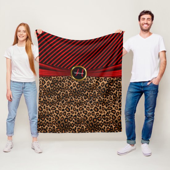 Monogram Dark Red and Leopard Animal Print Fleece Blanket