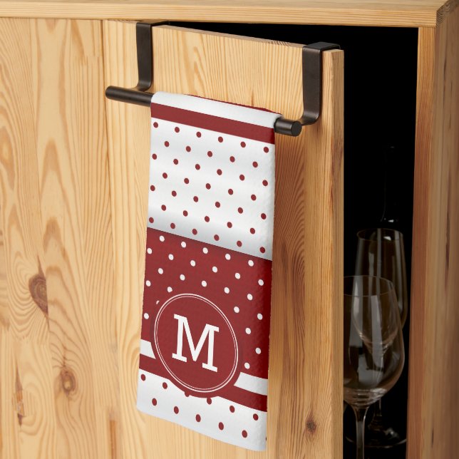 Monogram Dark Red and White Polka Dot Kitchen Towel (Thirds Fold)