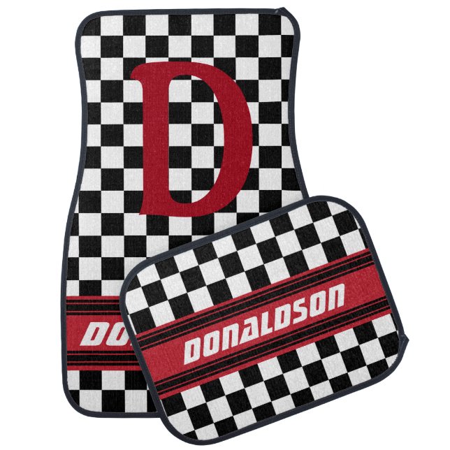 Monogram Dark Red & Black Checks | Personalize Car Floor Mat (Set)