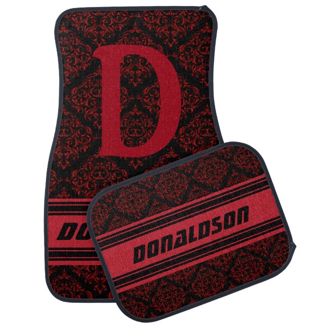Monogram Dark Red & Black Damask | Personalize Car Floor Mat (Set)