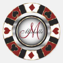 Monogram Dark Red  Casino Poker Chip Design Classic Round Sticker