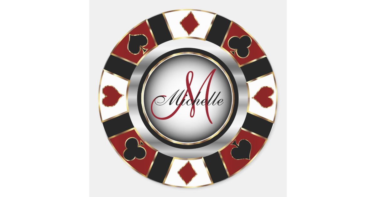 Monogram Dark Red Casino Poker Chip Design Classic Round Sticker