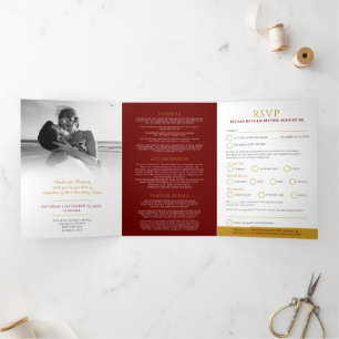 Monogram dark red gold leaf wedding option RSVP Tri-Fold Invitation