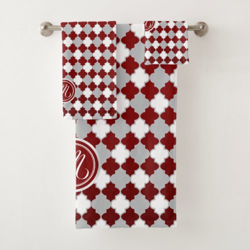 Monogram Dark Red Gray and White Quatrefoil Bath Towel Set