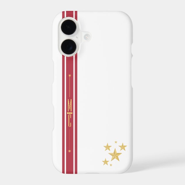 Monogram Dark Red Strip Golden Star | Modern Cool iPhone Case (Back)