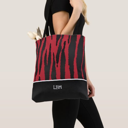 Monogram Dark Red Zebra Stripes Tote Bag