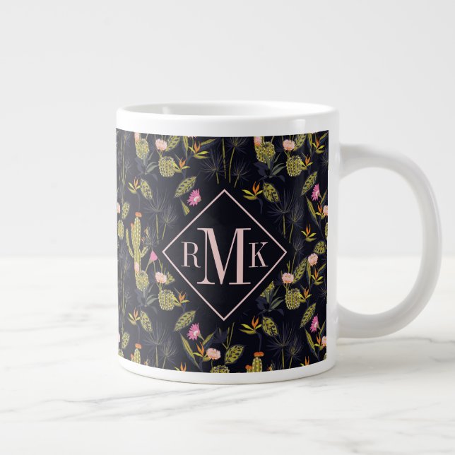 Monogram | Dark Summer Night Cactus Pattern Giant Coffee Mug (Right)